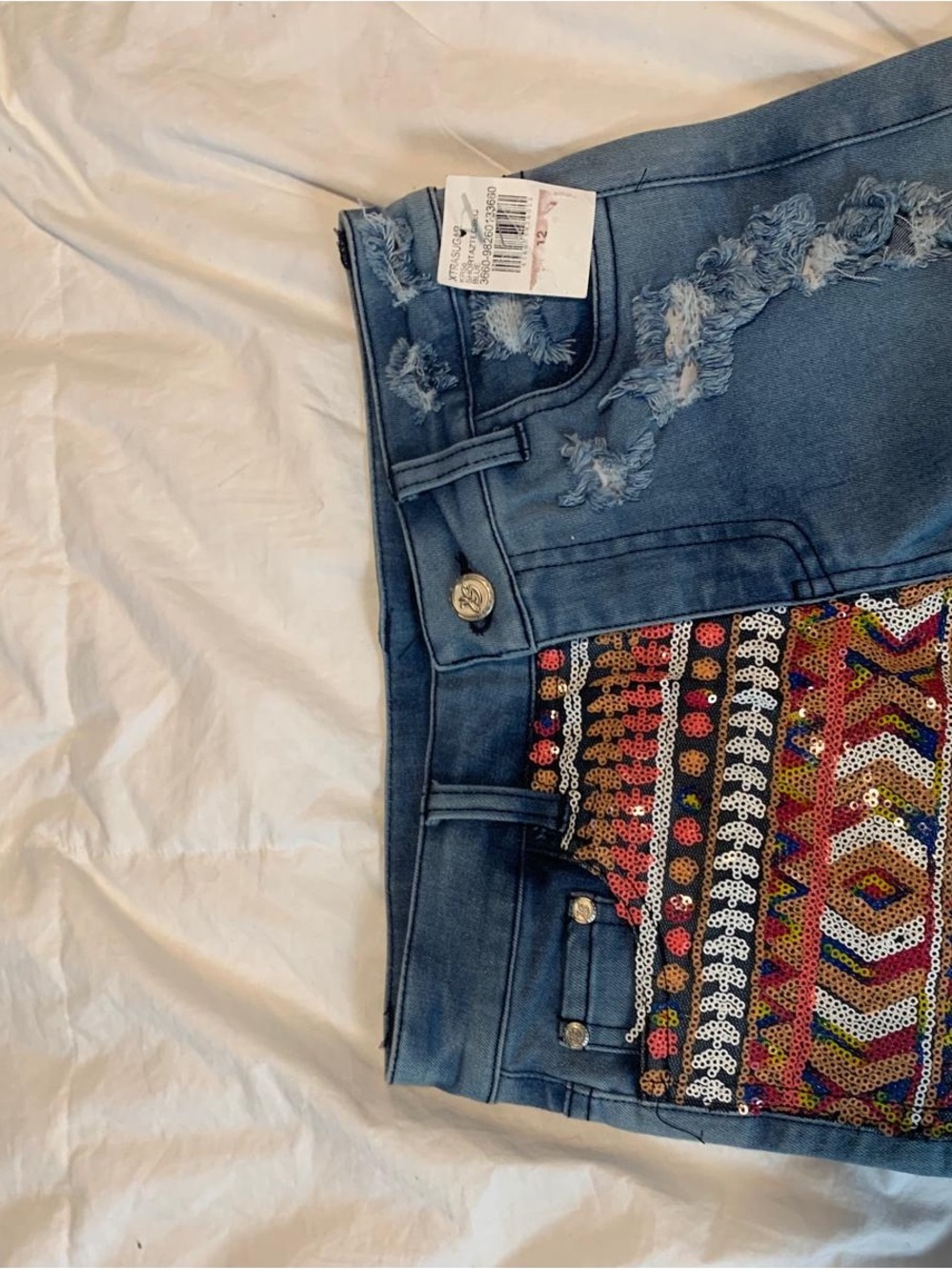Urban Outfitters Blue Distressed Denim Shorts with Multicolor Beaded Panel